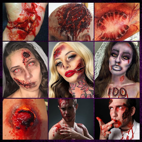 Liquid Latex and Fake Blood SFX Makeup Kit, Liquid Latex White & Flesh, Bright Blood Spray, Dark Dripping Stage Blood, Coagulated Blood Gel, Halloween Monster Zombie Makeup for Burn Scar Wound Wrinkle