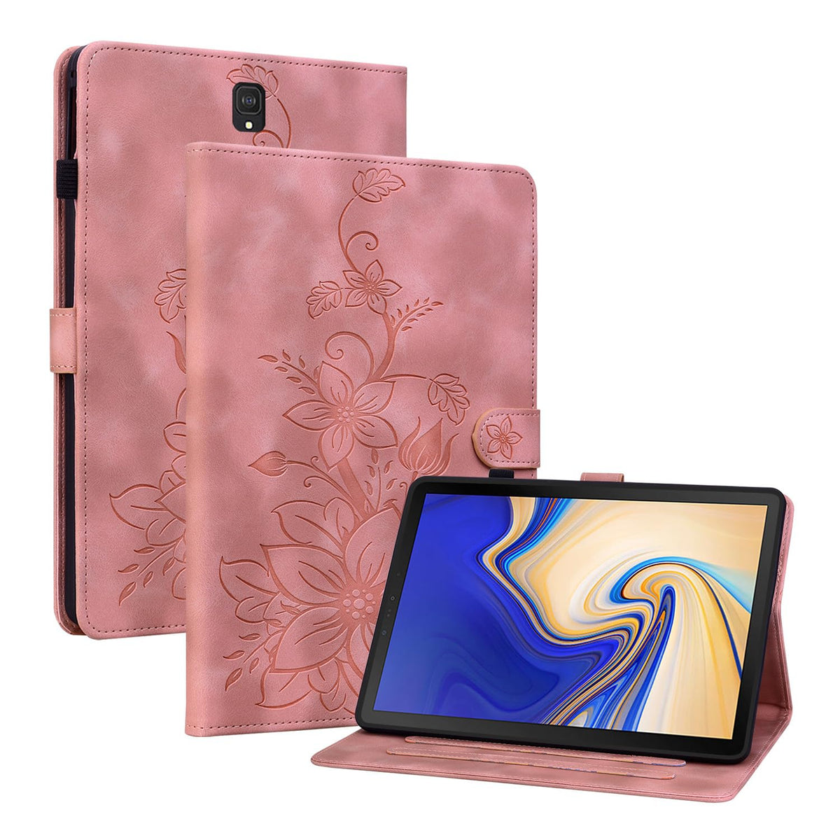 Rosbtib Case for Samsung Galaxy Tab S4 10.5 Inch (T830/ T835) 2018, Multi-angle Viewing Faux Leather Protective Case with Card Slots Cover Lily Pattern, Pink