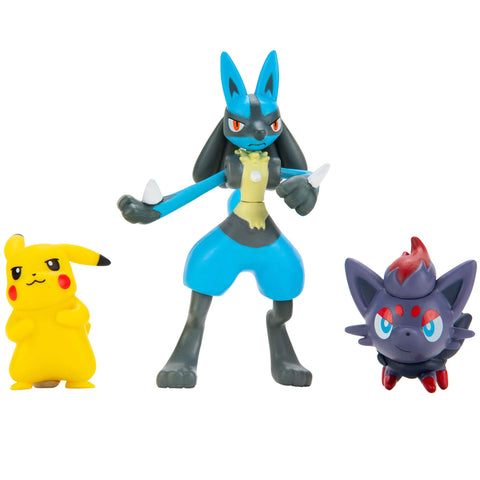 Pokemon Battle Figure Multipack Set - Features 2-Inch Pikachu and Zorua Figures Plus 3-inch Lucario Figure - Perfect for any Trainer