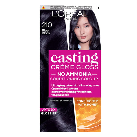 Lâ€™OrÃ©al Paris Ammonia Free Semi-Permanent Hair Dye, 210 Blue Black, Glossy Hair Colour, Natural Looking Finish, For Up To 28 Shampoos, Casting CrÃ¨me Gloss, 1 Application