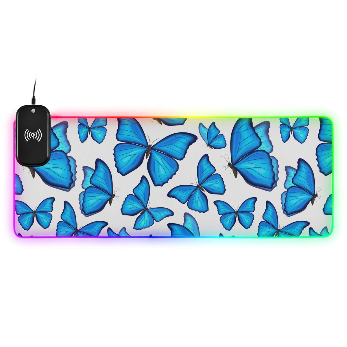 Blue Butterfly Wireless Charging Mouse Pad for Mobile Phone Extra Large Gaming Mousepad with 13 Lighting Modes Keyboard Mat for Office Home Gaming MacBook PC Laptop Desk