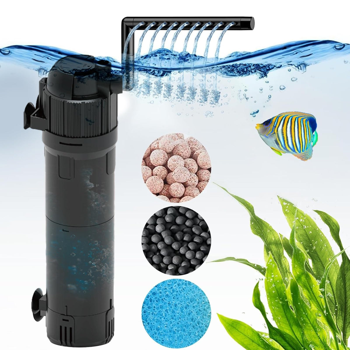 Aquarium Filter UV Light with Timer, Internal Fish Tank Filter with UV Steriliser Turns Green Water to Clear, Adjustable Fish Tank Filter Pump for 80-200L Aquariums, Flow Rate and Direction Adjustable