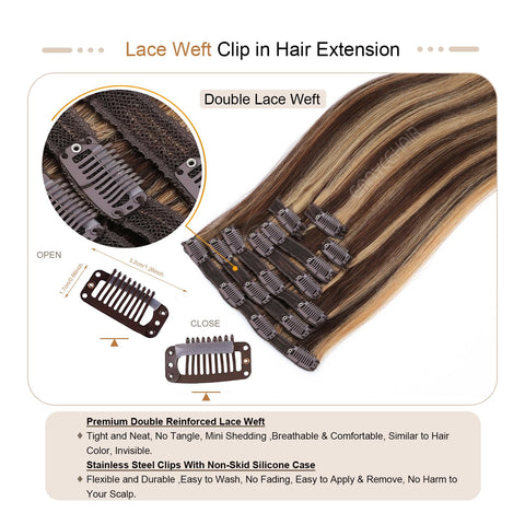 15inch Clip in Human Hair Extensions 8pcs 100g Silky Straight-100% Remy Human Hair Double Lace Weft Highlighted Color Seamless Clip in Hair Extensions for Women (15 Inch-100g, P4/27)