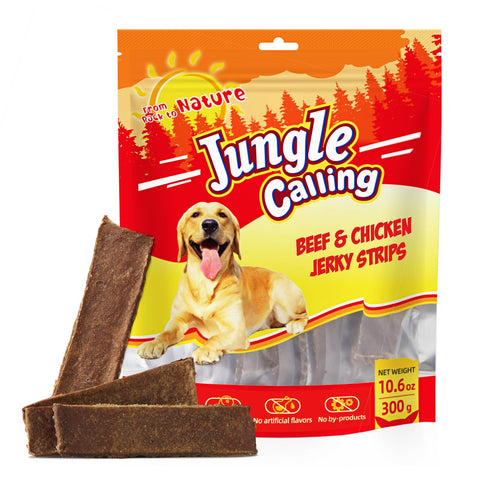Jungle Calling Beef Jerky Dog Treats, Healthy Dog Jerky Treats for Medium and Large Dogs, High Protein Training Snacks, 10.6 oz (Beef & Chicken Strips)
