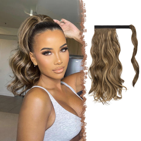 FESHFEN Wavy Ponytail Extension, Natural Curly Wrap Around Ponytails Hair Piece Synthetic Long Clip Pony Tail Hairpieces for Women, 14 inch Honey Blonde Mixed Light Brown