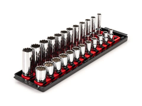 TEKTON 3/8 Inch Drive 12-Point Socket Set with Rails, 24-Piece (8-19 mm) | SHD91216