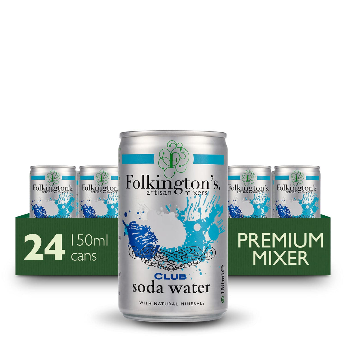Folkington's Club Soda Water, 24 Cans, Natural Minerals Drink Mixer, 24 x 150 ml