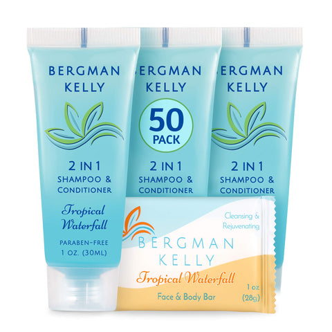 BERGMAN KELLY Rectangle Soap Bars, 2in1 Shampoo & Conditioner 2-Piece Set (Tropical Waterfall, 1 oz ea, 100 pc), Delight Your Guests with Revitalizing & Refreshing Sanitary Toiletries Hotel Amenities