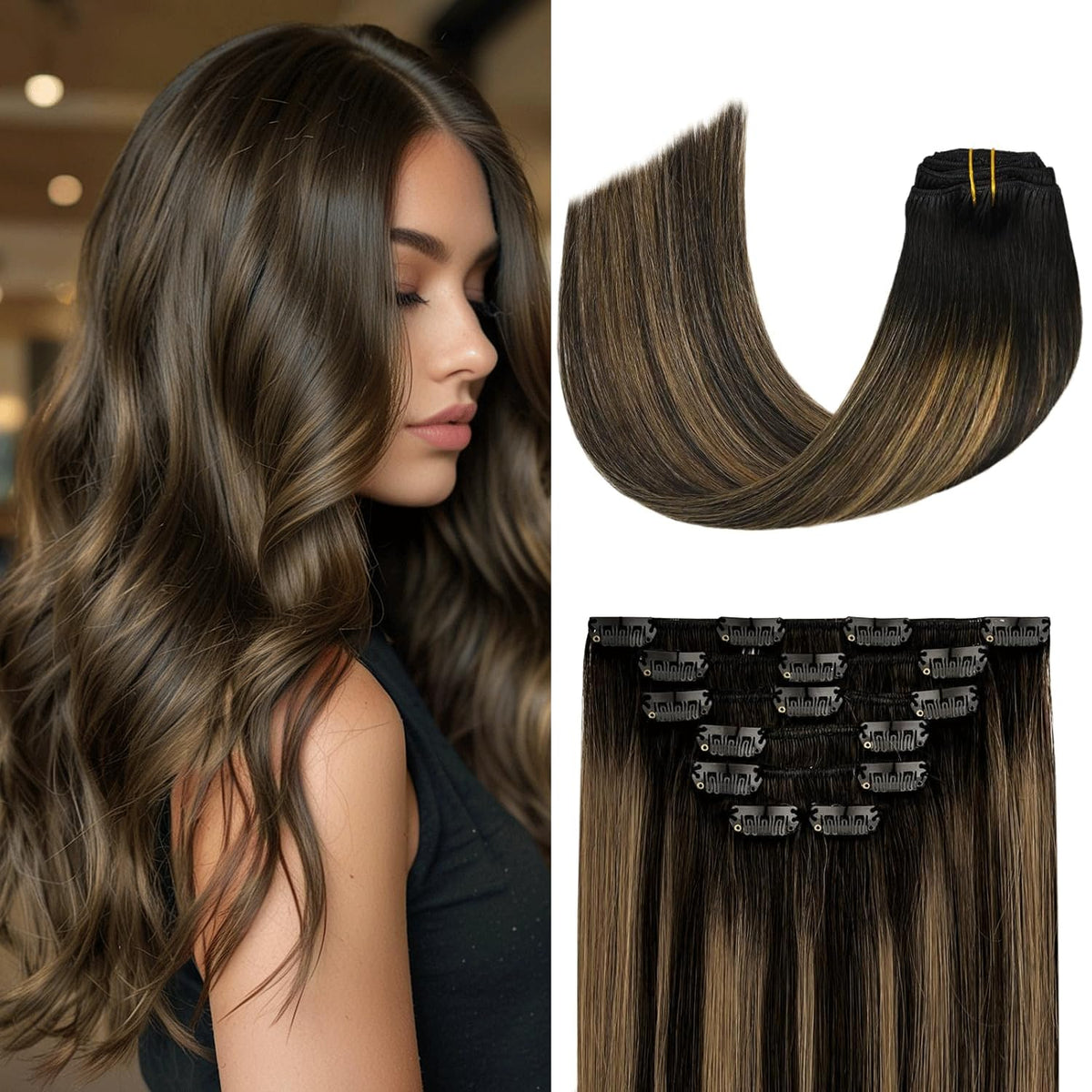 Aison Clip in Hair Extensions Real Human Hair 70G Natural Black to Chestnut Brown 100% Remy Human Hair Soft Silky Straight 7pcs 16clips One Pack 18 Inch