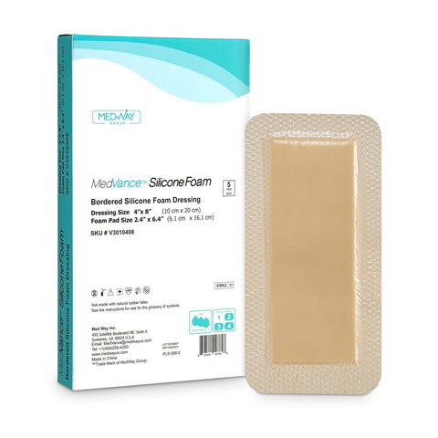 MedVanceTM Silicone - Bordered Silicone Adhesive Foam Dressing Size 10 cm x 20 cm (6 cm x 16 cm pad) Box of 5 dressings