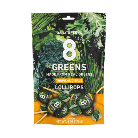 8Greens Daily Lollipops, Natural Tropical Citrus flavor with Real Super Greens, Greens Powder, Gluten-free, Vegan, Non-GMO (10 Count)