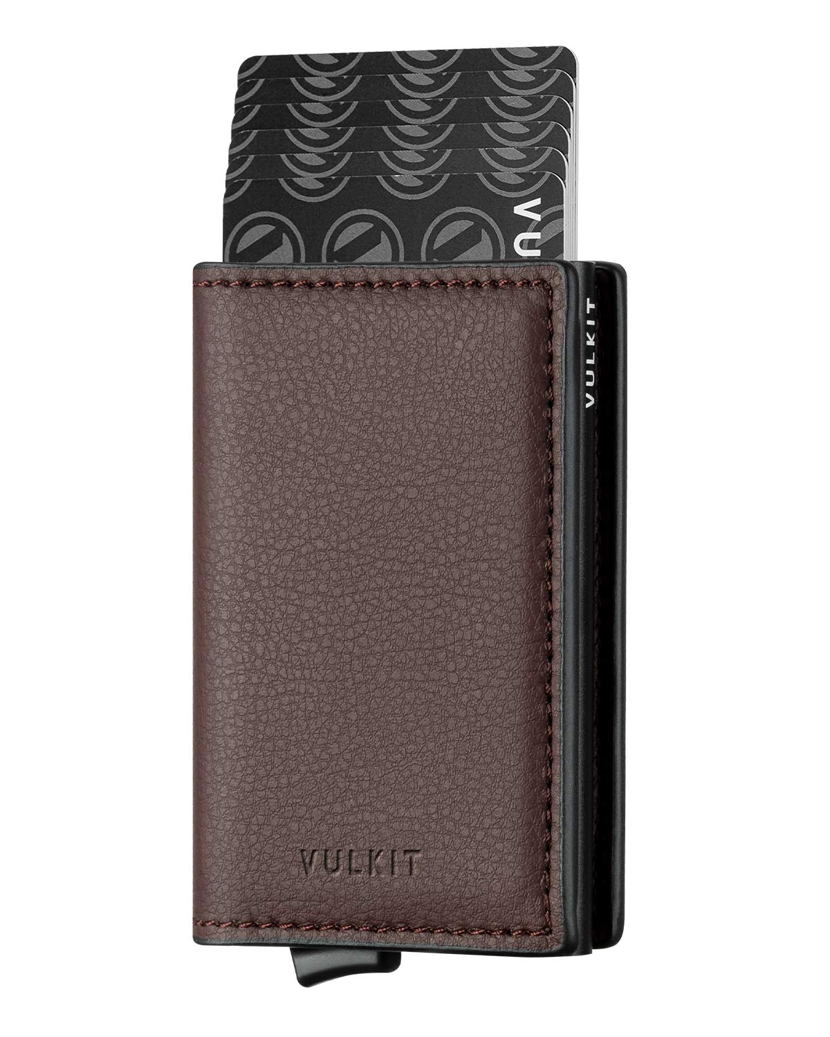 VULKIT Credit Card Holder RFID Blocking Leather Automatic Pop Up Wallet Aluminum Slim Pocket Bifold Business Card Case Dark Brown