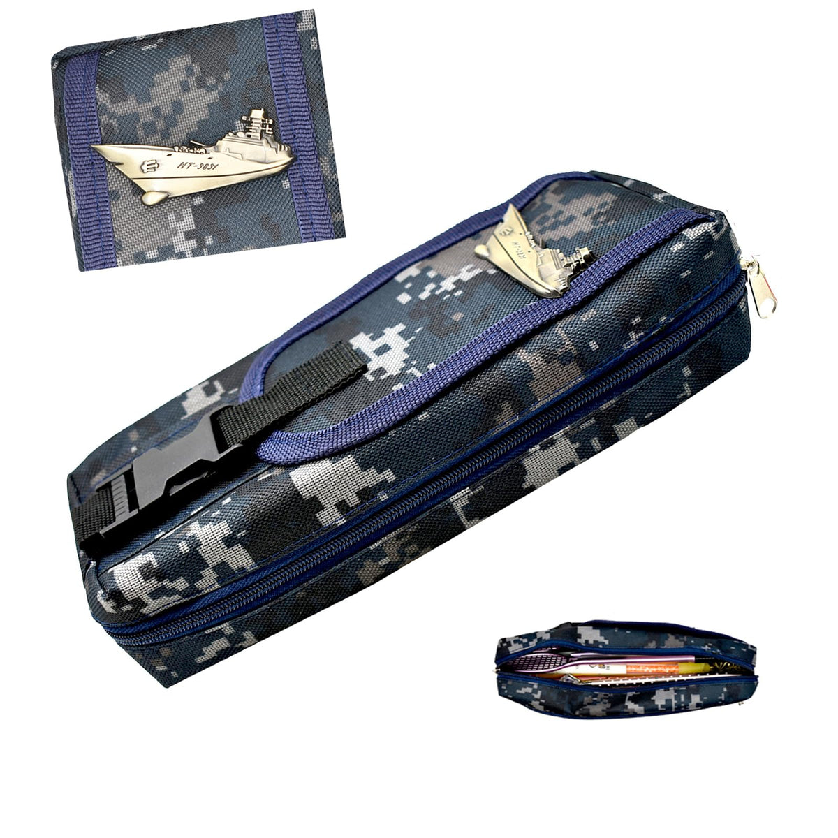 Lopenle 1PCS Cool Army Camouflage Pencil Bag Navy Warship Pencil Case Camo Large Capacity Pencil Box With Navy Blue Looking School Stationery
