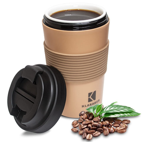 Klaraber Ceramic Travel Mug with Lid, Portable Ceramic Cup with Lid, Leakproof Ceramic Lined Coffee Cup Travel Mug, Reusable Coffee Cup, 350ml / 12oz(Khaki)