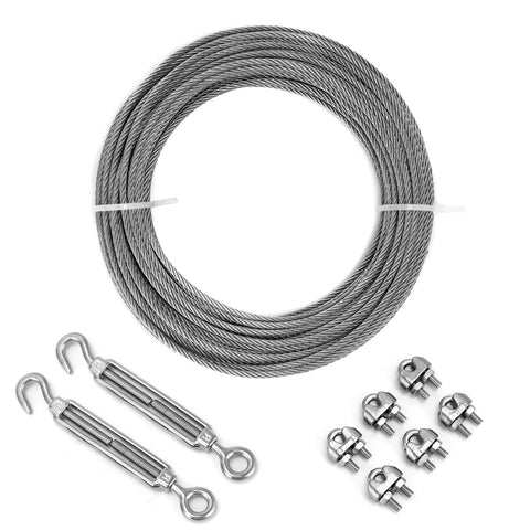 QWORK® Wire Rope 3mm, 304 Stainless Steel Wire Rope Set, 20M Steel Rope with M5 Turnbuckle Rope Tensioner, for Outdoor Lights Hanging, Fences, Clothesline