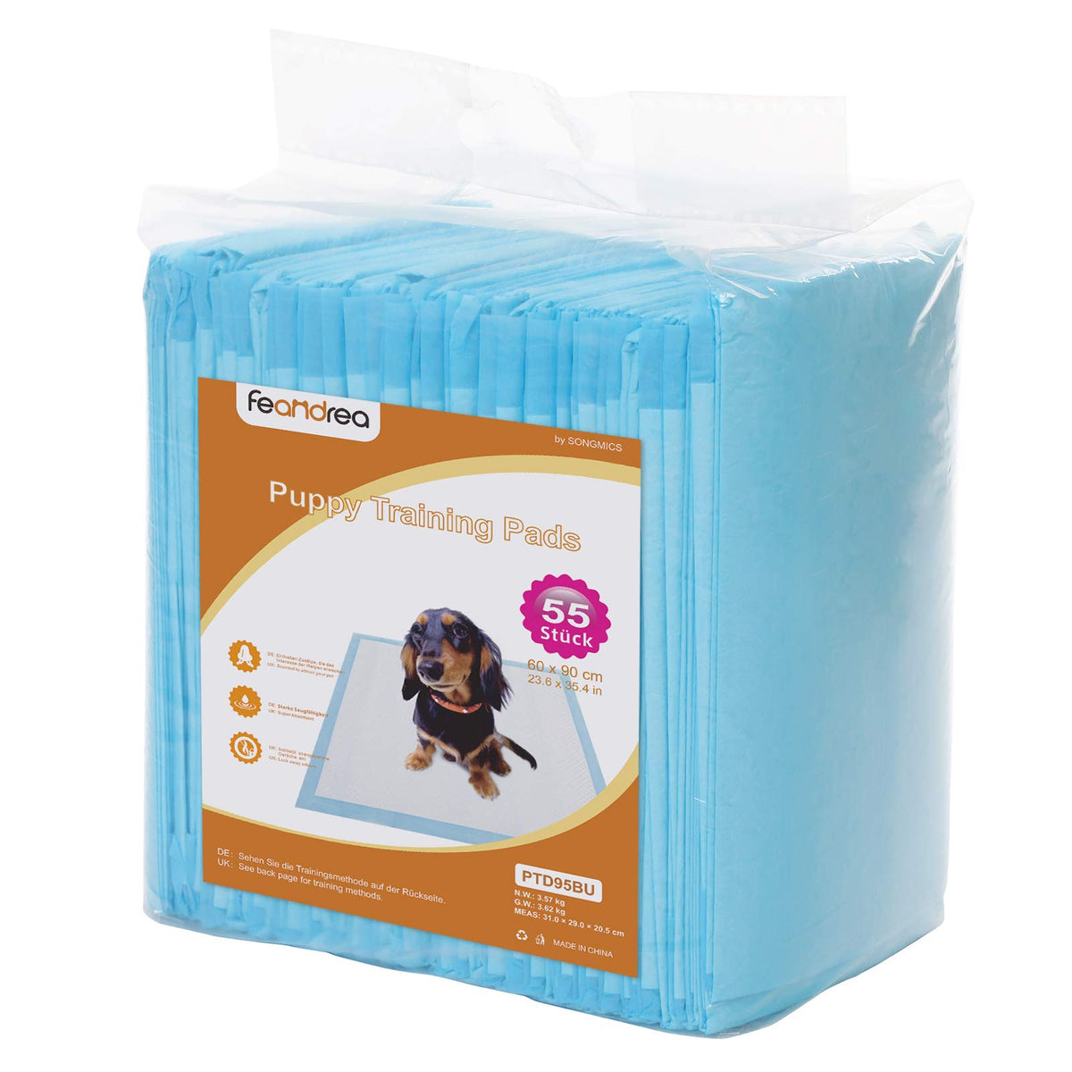 FEANDREA Pack of 55 Pet Training Pads Disposable Puppy Toilet Mats with Highly Absorbent 5-Layer Design and Leakproof Base for Puppies Dogs Cats 60 x 90 cm PTD95BU
