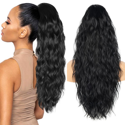 26 Inch Black Ponytail Extension, Long Wavy Hair Extensions, Synthetic Long Hair Pieces for Women, Soft Natural Pony Tails Extensions, Drawstring Ponytail Hair Extension for Daily Use (Color: Black)