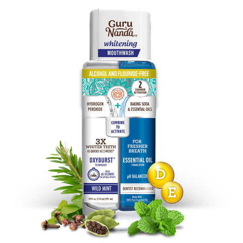 GuruNanda Teeth Whitening Dual Barrel Oxyburst Mouthwash - Alcohol & Fluoride Free with 100% Natural Essential Oils, Hydrogen Peroxide to Promote Whiter Teeth - Wild Mint - 20 Fl Oz