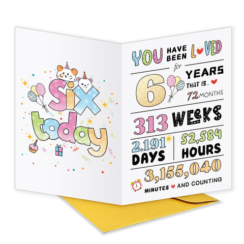 1.7-18 birthday card (6th) Cute 6th Birthday Card for Girls Boys, Happy 6th Birthday Card Gift Her, 6th Birthday Decor Ideal Girls, 6 Years Old Birthday Card Daughter Son, Six Year Birthday Card Her
