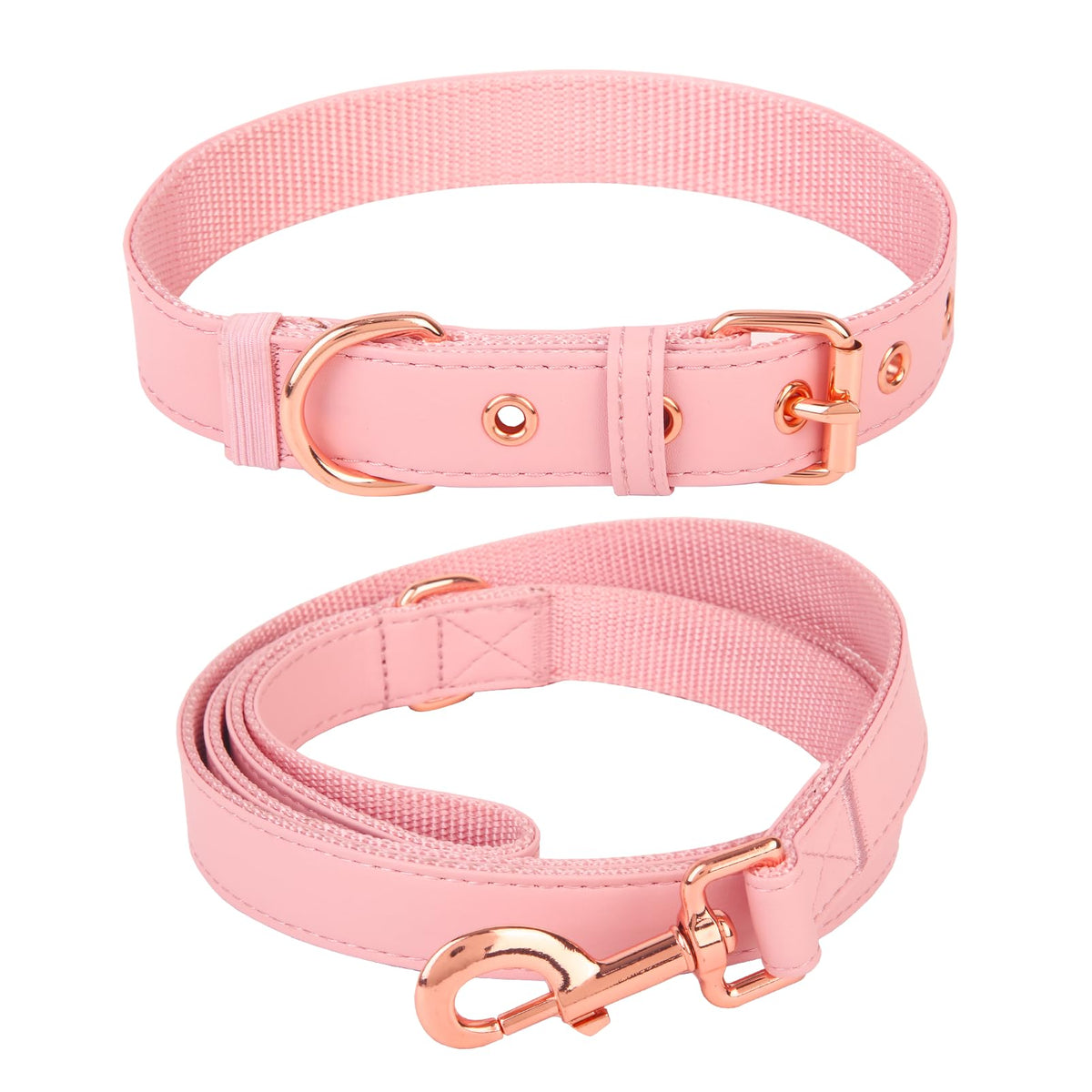 Dog Collar and Leash Set, Soft Leather Dog Collar with Rose Gold Adjustable Metal Buckle [Easy to Clean], Durable 5FT Leash Heavy Duty Nylon for Girl Boy Puppy Small Medium Large Pet Dogs Pink L