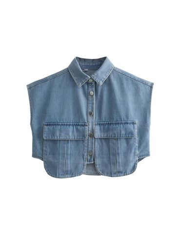 Perbai Womens Cropped Button Down Shirt Summer Collared Sleeveless Loose Denim Top with Pockets(LightBlue-S)