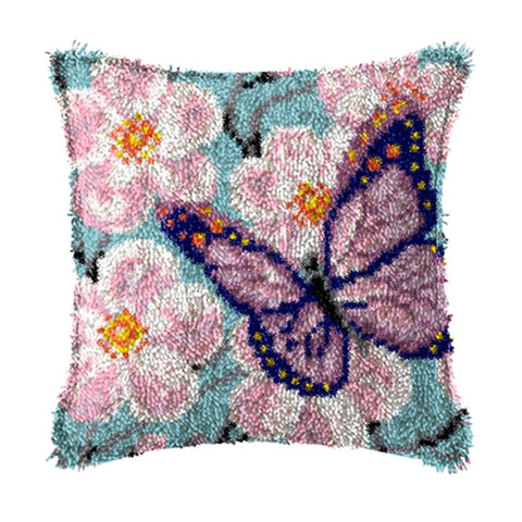 Latch Hook Kits DIY Throw Pillow Case Butterfly Home Ornaments Needlework Crafts for Kids and Adults 17" X 17"