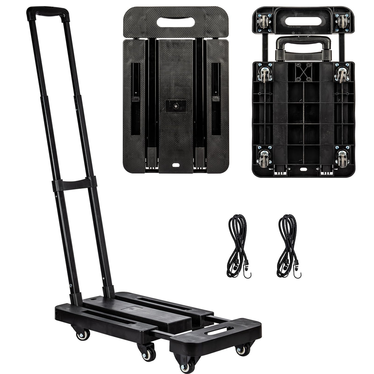 Folding Hand Truck, JOYCEMALL 500LB / 227KG Portable Heavy Duty Platform Cart Utility Foldable Dolly with 6x Wheels & 2x Elastic Ropes for Luggage Moving Shopping Travel Office Use