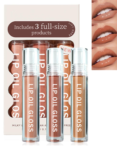 Hydrating Lip Tint Stain-3Pcs Tinted Plumping Lip Glow Oil, Moisturizing Water Lip Stain Makeup, Pigmented Non-Sticky Vegan Lip Gloss, Multi-Use Lip & Cheek Tint, Nude Glossy Finish,Cruelty Free-Set A
