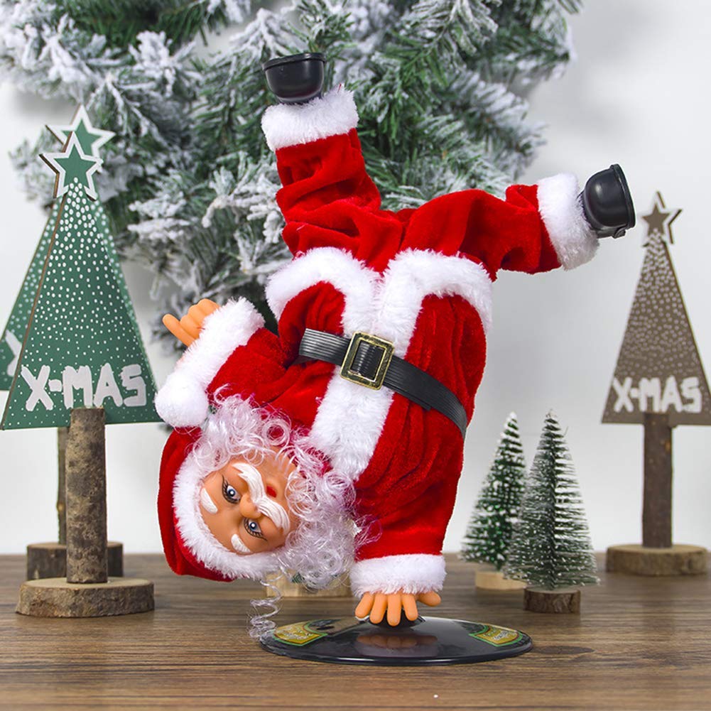 Electric Christmas Santa Claus Figure Inverted Rotate Split Leg Santa Doll Singing and Dancing Electric Xmas Handstand Santa Doll Ornament Musical Santa Doll for Christmas Party Tabletop Decoration