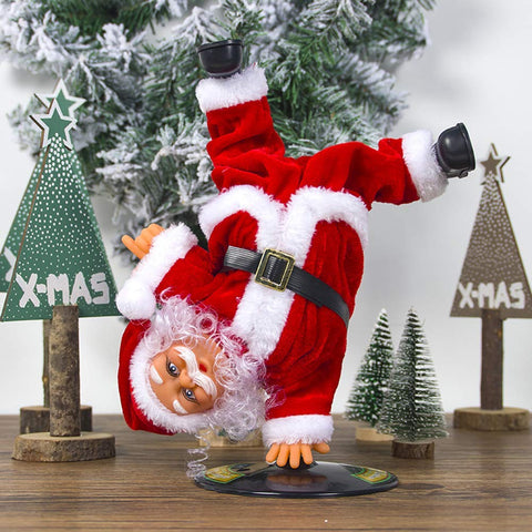 Electric Christmas Santa Claus Figure Inverted Rotate Split Leg Santa Doll Singing and Dancing Electric Xmas Handstand Santa Doll Ornament Musical Santa Doll for Christmas Party Tabletop Decoration