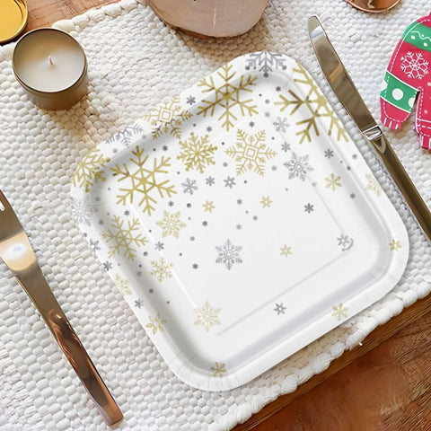 Unique Holiday Snowflakes Square Dessert Paper Cups - 7" | Silver & Gold | 8 Pcs