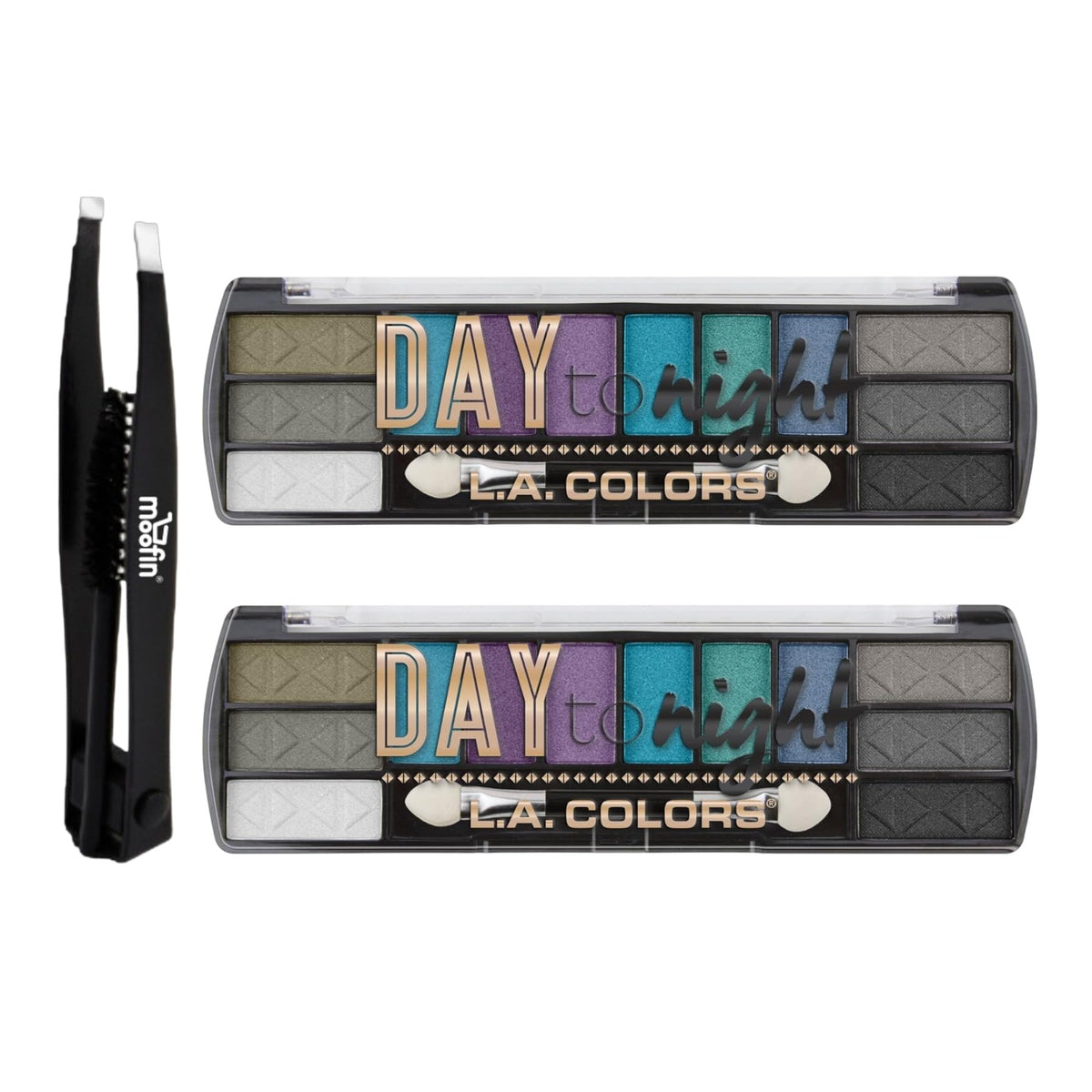 moofin Bundle of Double Sided Eyebrow Eyelash Tweezers -, and L.A. COLORS Day To Night 12 Color Eyeshadow Palette, After Dark, 0.28 oz. (, Pack of 2