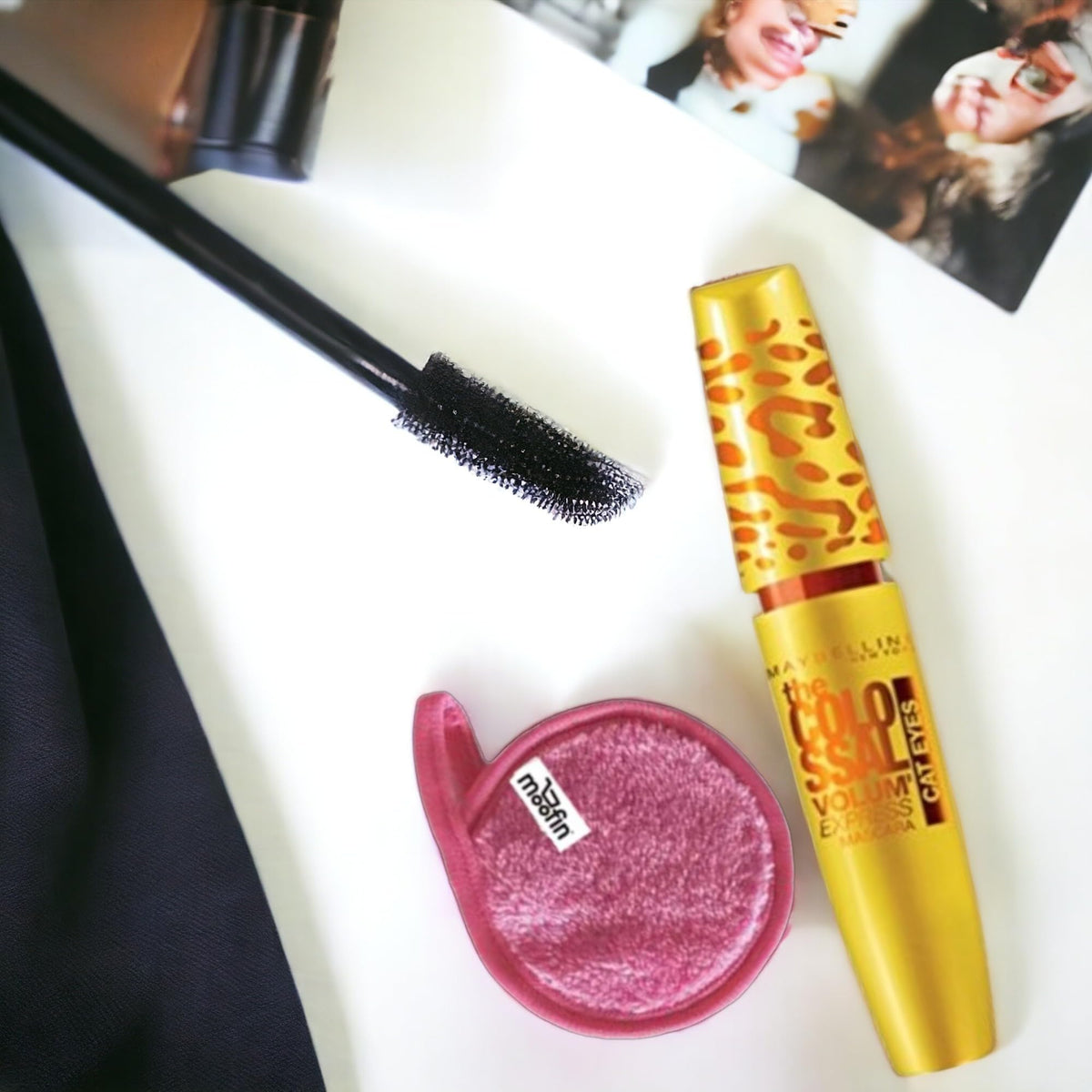 Mascara Black 0.31 Fl Oz, Cat Eye Colossal Mascara, Washable Mascara - Includes Moofin Makeup Cleansing Cloth, Builds from Soft to Bold, No Clumps or Flakes, Glam Black Mascara, Pack of 3