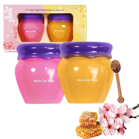 Lip Sleeping Mask Lip Balm Skincare Set,Honey Sakura Moisturizing Lip Plumper Care Day Night Repair,Prevent Dry Crack,Lip Line Reducing,Clearing Dead Skin,Lipstick Primer,Unisex 2 Count