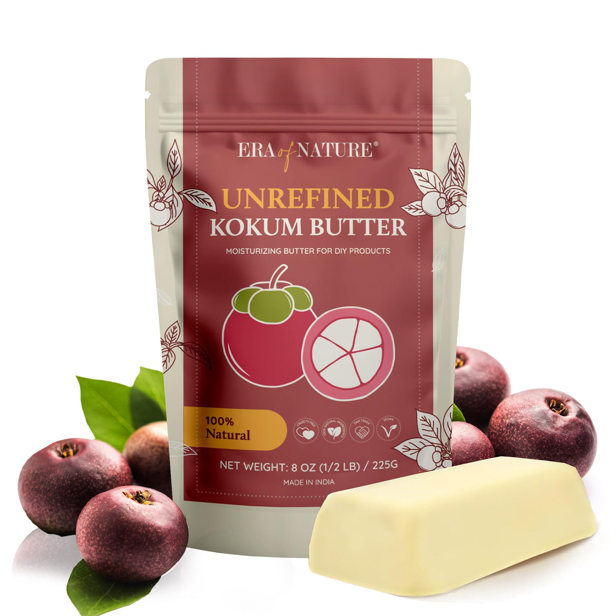 era of nature Kokum Butter, Fresh, Firm Butter, Use to Make Lotion Bars, Body Butters, Lip Balm, Soap, Sunscreens - Scent-Free, 8oz (1/2lb)