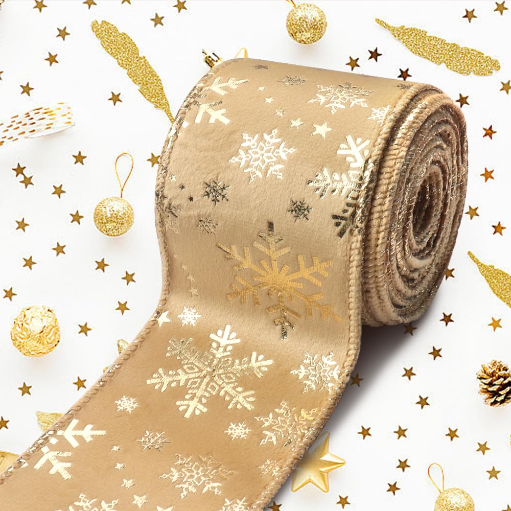 ABTOLS 10 Yards Christmas Ribbons 2.5", Gold Glitter Wired Edge Burlap Ribbon Champagne Snowflake Ribbons for Xmas Farmhouse Decor New Year DIY Crafts Wreaths Bow