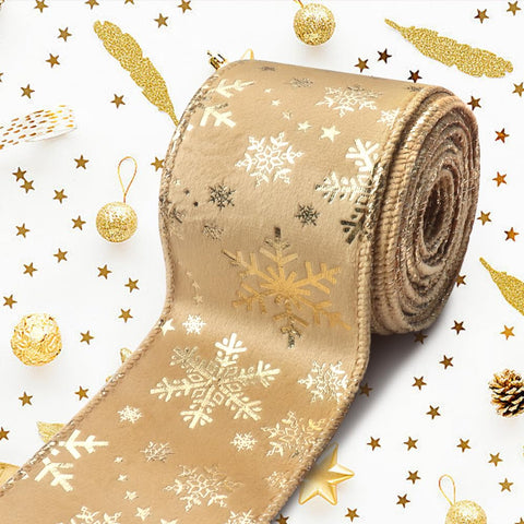 ABTOLS 10 Yards Christmas Ribbons 2.5", Gold Glitter Wired Edge Burlap Ribbon Champagne Snowflake Ribbons for Xmas Farmhouse Decor New Year DIY Crafts Wreaths Bow