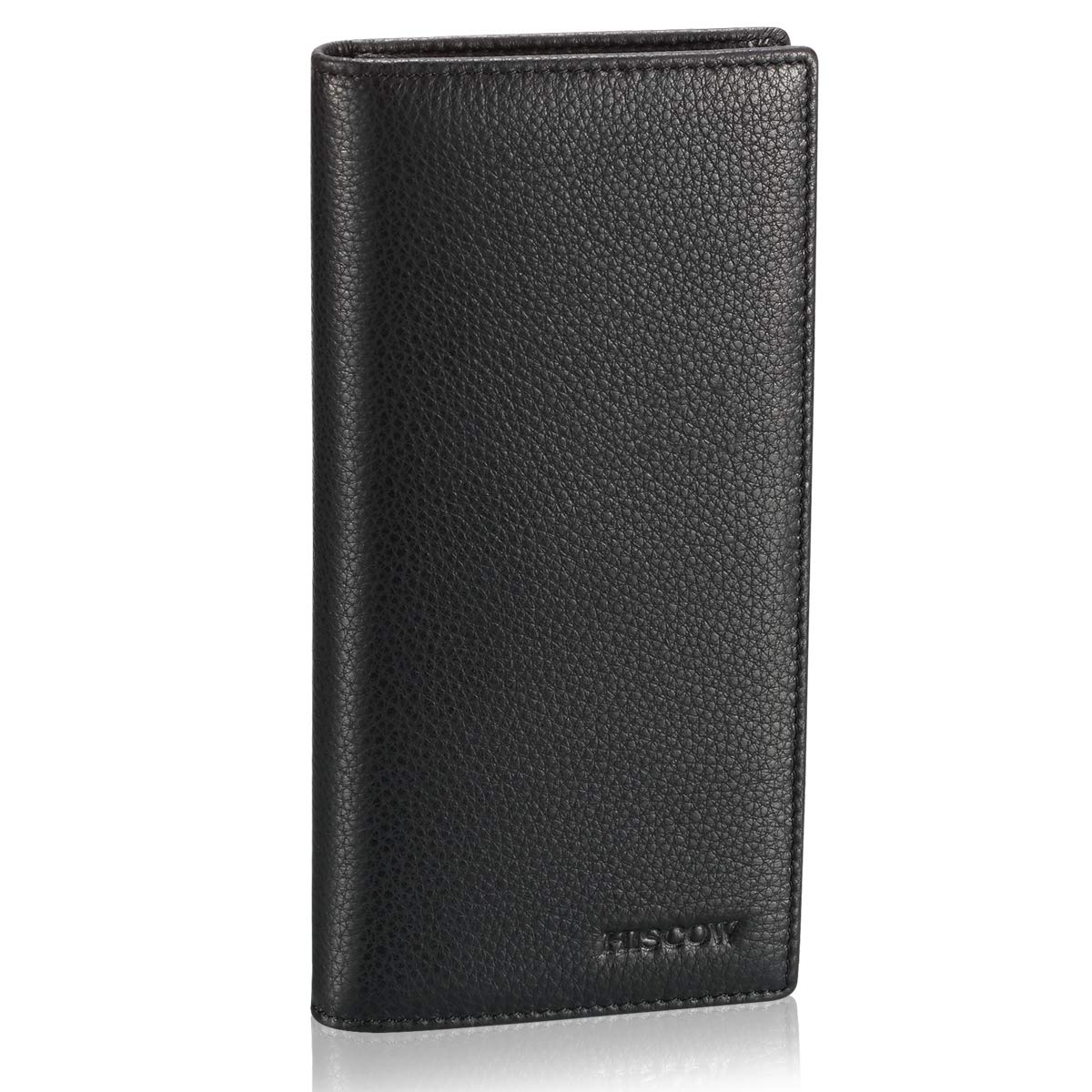 HISCOW Bifold Long Wallet with 15 Credit Card Slots - Italian Calfskin (Pebbled Black)