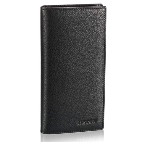 HISCOW Bifold Long Wallet with 15 Credit Card Slots - Italian Calfskin (Pebbled Black)