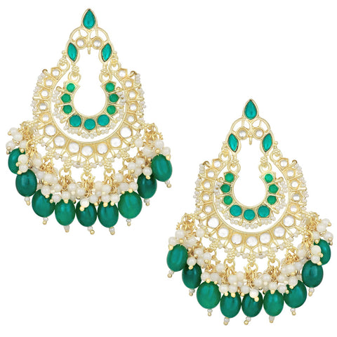 Aheli Gold Plated Rani Green Chandbali Earrings Glided with Kundan & Pearls Earring Set Gift for Women, Gold, No Gemstone