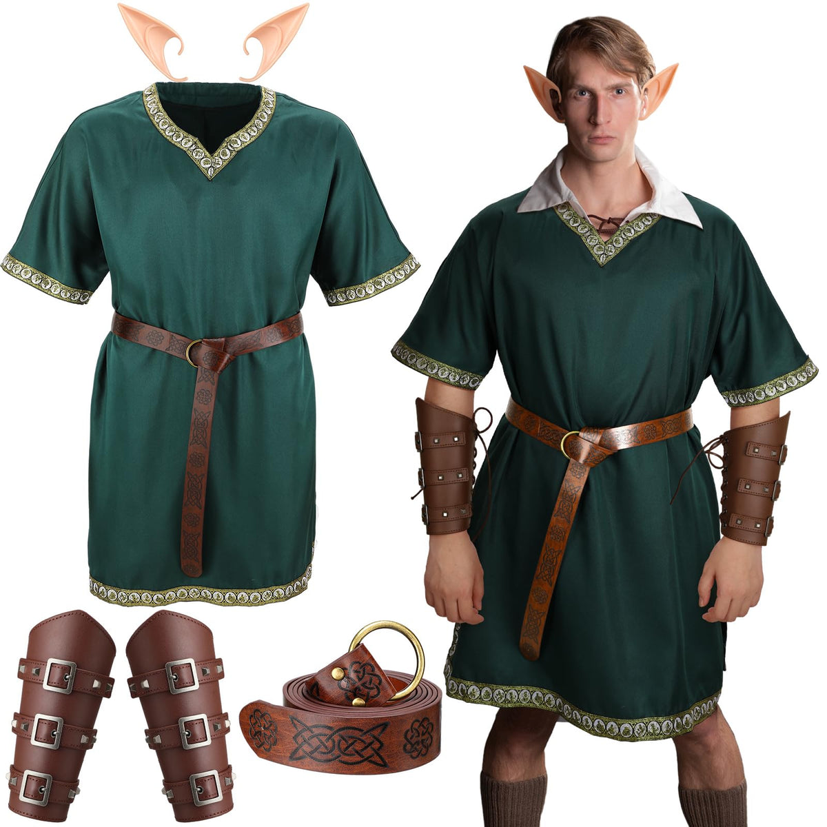 Xtinmee 4 Pcs Halloween Medieval Costume for Men Knight Renaissance Costume Viking PU Belt Arm Guards Elf Warrior Cosplay(X-Large,Green)