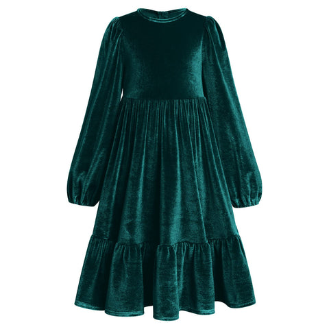 Children's Velvet Dress Flower Girl Long Evening Dresses Girls Christmas Dress Christmas Party Dress Round Neck A-line Festive Party Dress Wedding Bridesmaids Leisure Autumn Dress, dark green, 7-8