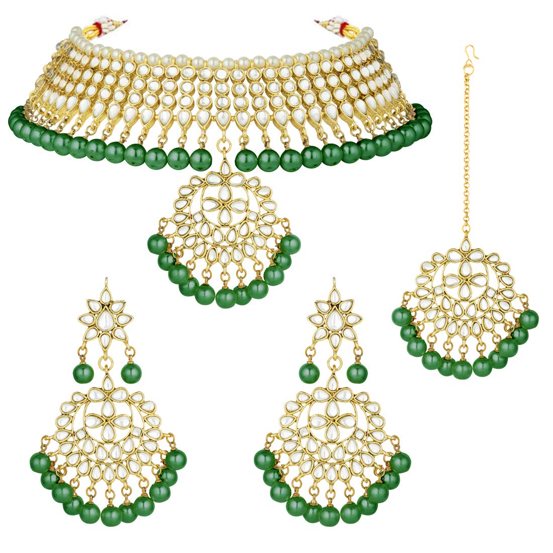 Aheli Faux Kundan Necklace Earrings Maang Tikka Green Set Indian Ethnic Wedding Fashion Jewelry Set for Women