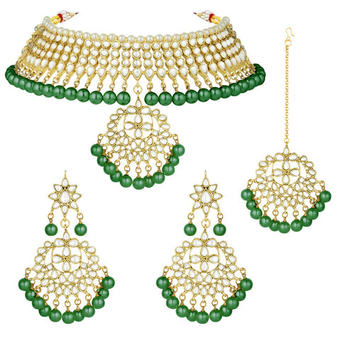 Aheli Faux Kundan Necklace Earrings Maang Tikka Green Set Indian Ethnic Wedding Fashion Jewelry Set for Women