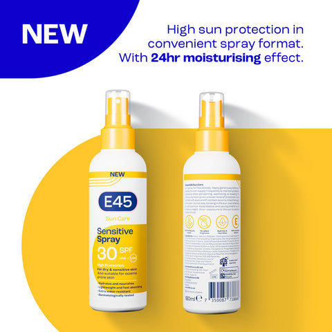 E45 Sun Body Cream Spray for Sensitive Skin - Hydrating Sun Spray with very high UVA and UVB protection and SPF 30 - Instantly Moisturising for Dry Skin, Sensitive Skin and Eczema Prone Skin - 180 ml
