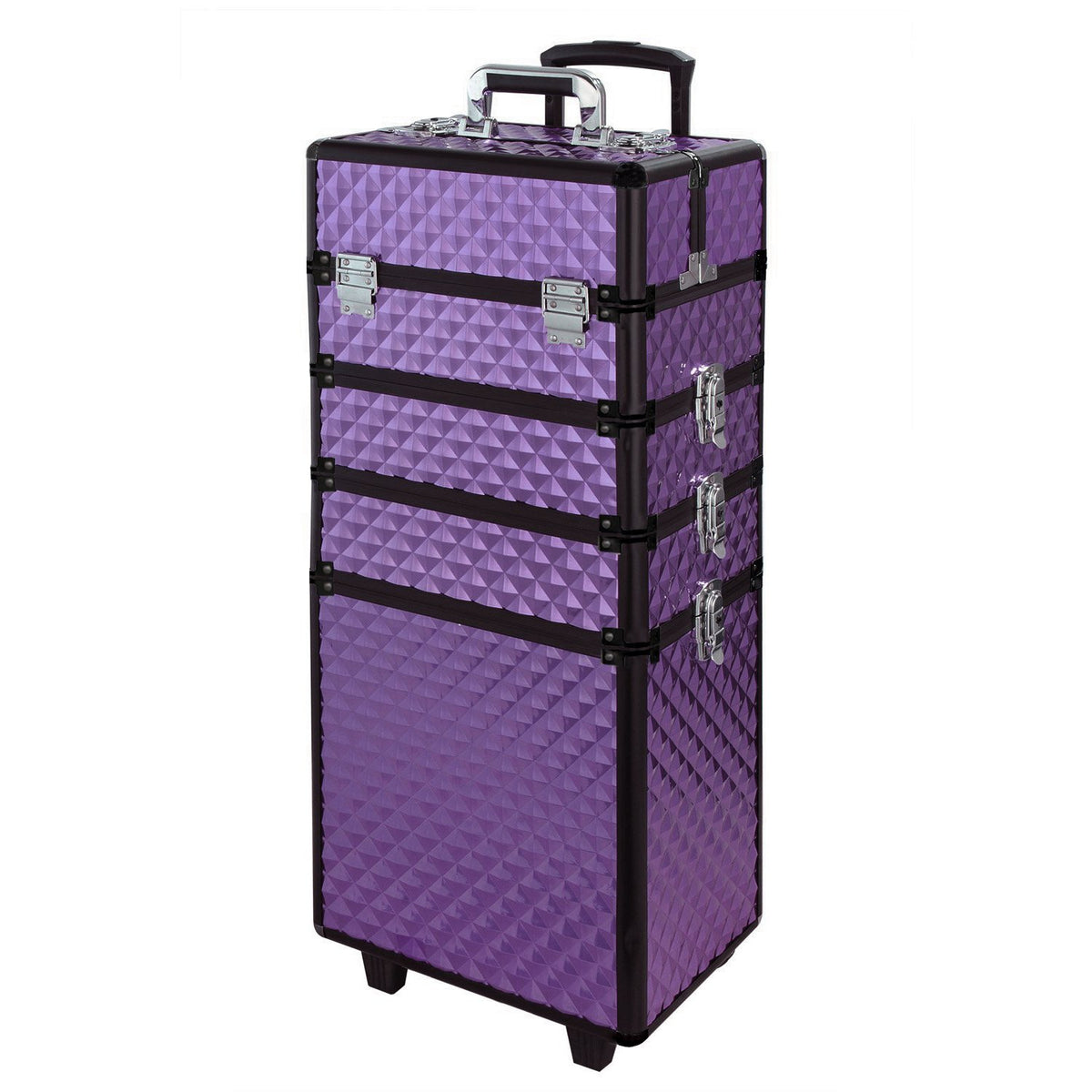 Warmiehomy 4 in 1 Aluminum Professional Makeup Trolley Vanity Case for Artists Beautician Extra Large Travel Jewellery Box Train Case w/ 2 Wheels (Diamond Purple)