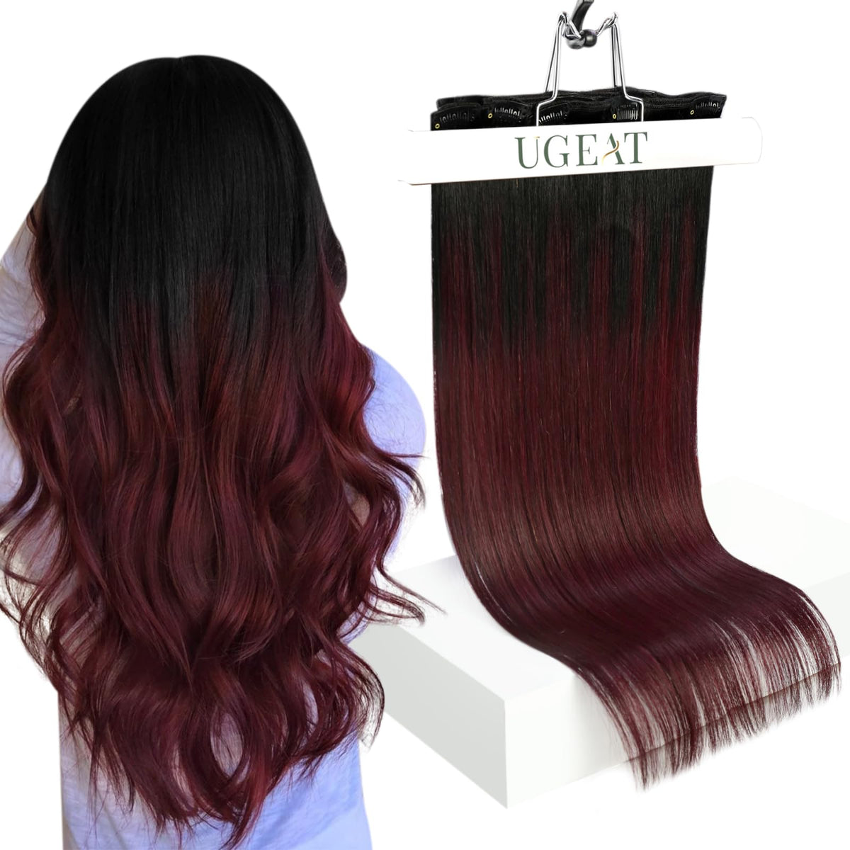 Ugeat Burgundy Hair Extensions Real Human Hair Clip ins Ombre Clip in Hair Extensions Human Hair Balayage Black to Red Wine Clip in Human Hair Extensions 20 Inch 7pcs 120g(105g Hair+15g Clips)