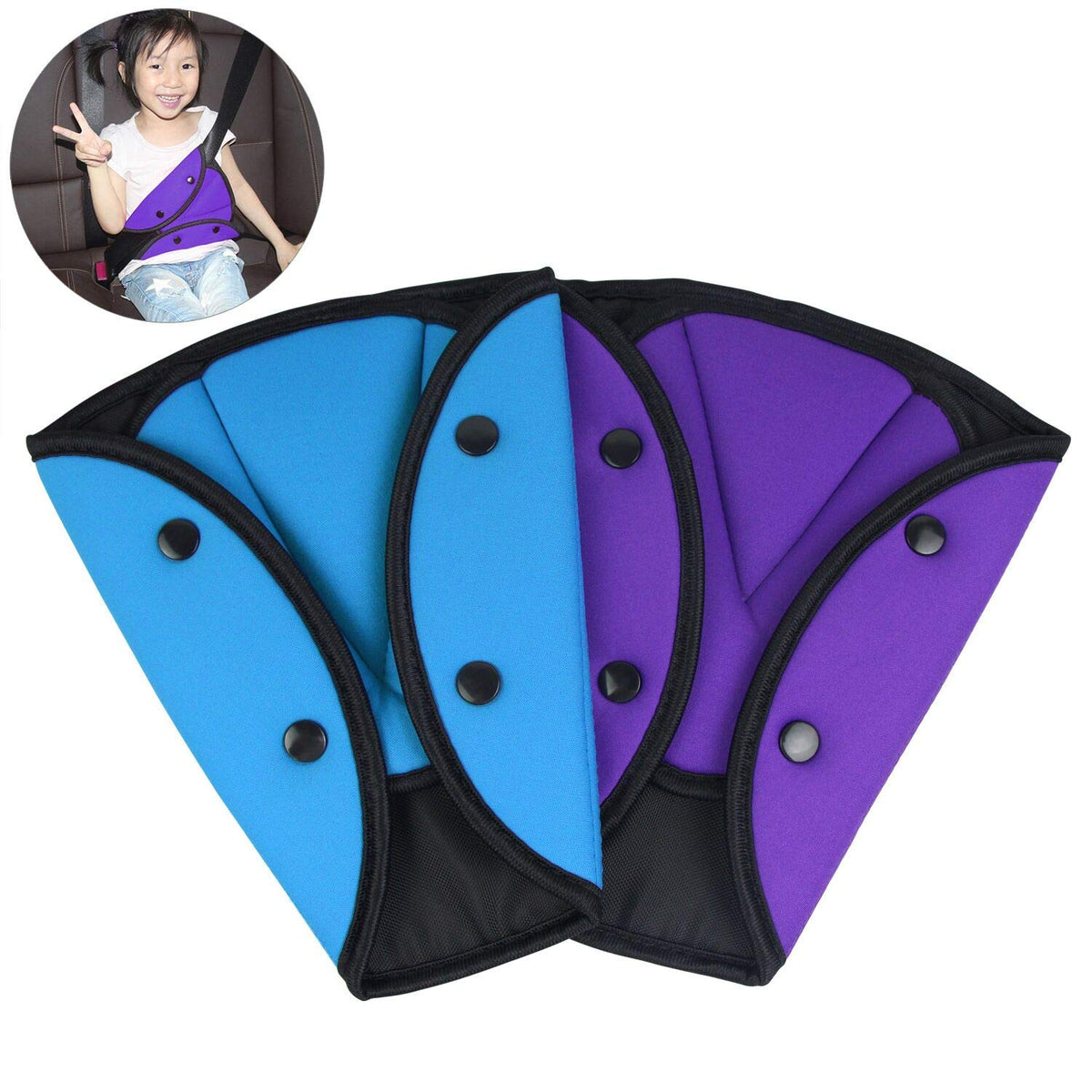 AK KYC 2 Pack Car Safety Kids Seatbelt Adjuster Cover Strap Mash Shoulder Pad Children Seat Belt Clips Purple + Blue
