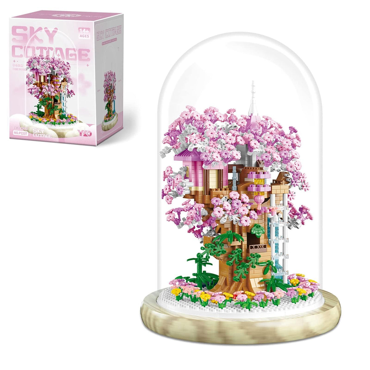 Insgen Cherry Blossom Bonsai Tree House Building Set for Adults, 1382 Pcs Micro-Particle Ideas Sakura Tree, Complete with String Lights, Dust Cover, and Wooden Base(Not Compatible with Lego Set)