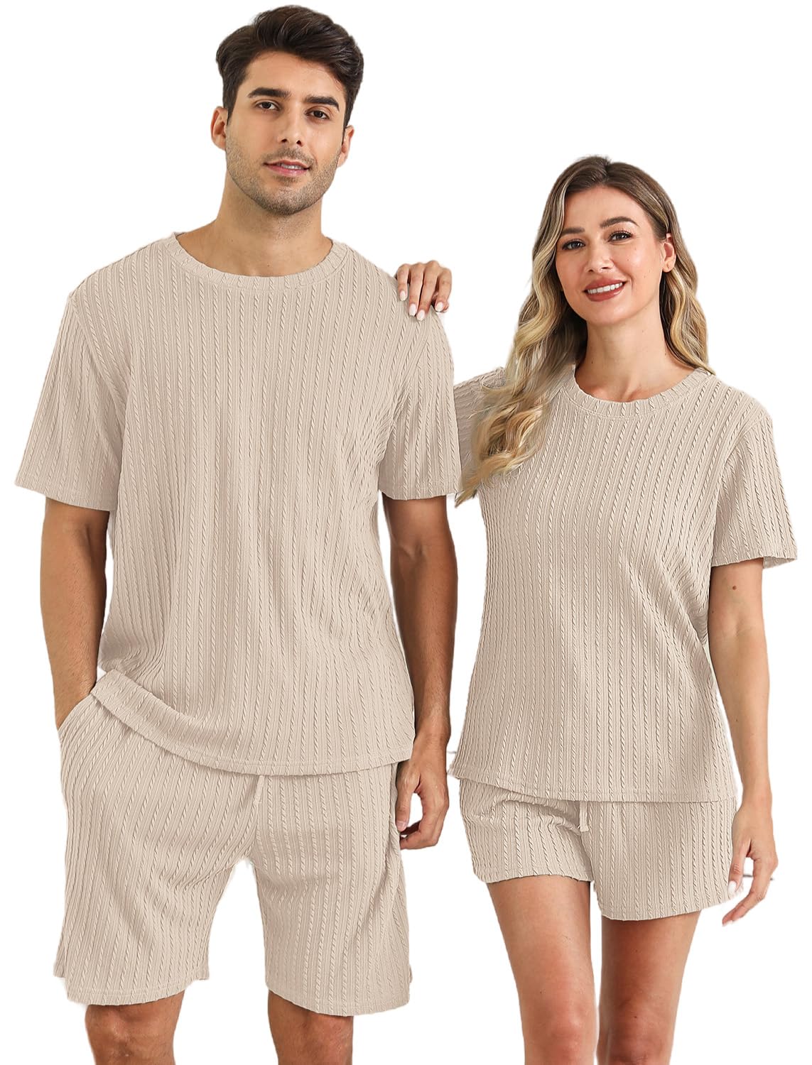 EISHOPEER Men's Pajama Set Ribbed Knit Lounge Pjs Set Short Sleeve Top and Shorts Sleepwear 2 Piece Soft Loungewear Beige XX-Large